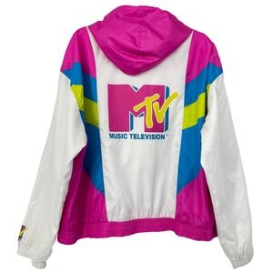 MTV Colorblock Windbreaker Jacket Womens 2X Y2K Retro Pink White Hooded